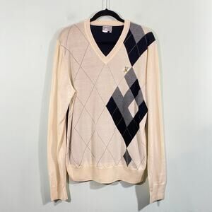 J Lindeberg Men Light Yellow Argyle Design V-neck Merino Pullover Sweater Sz XL